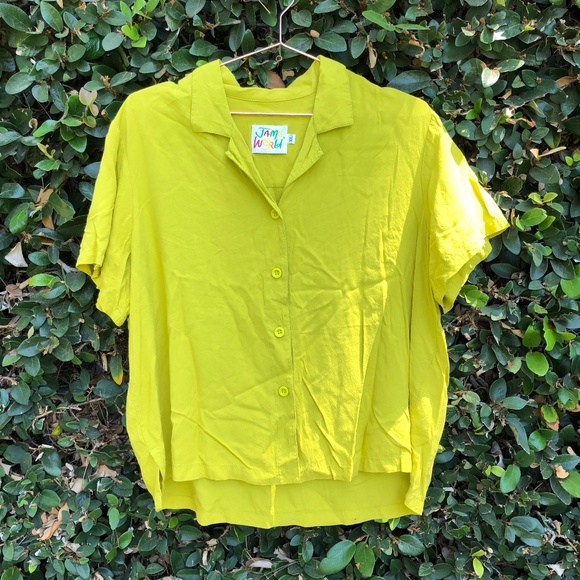 yellow button up blouse